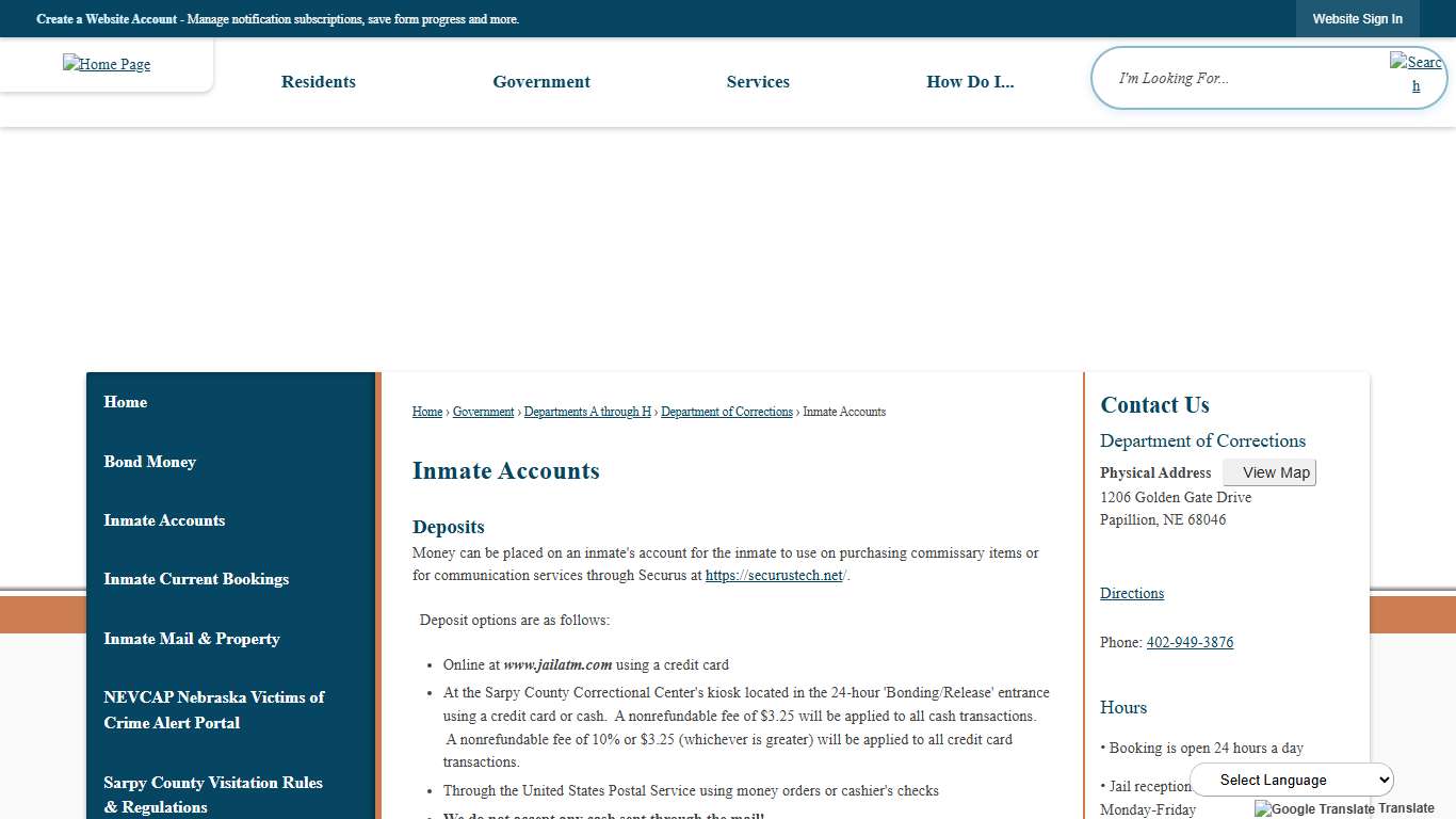 Inmate Accounts | Sarpy County, NE